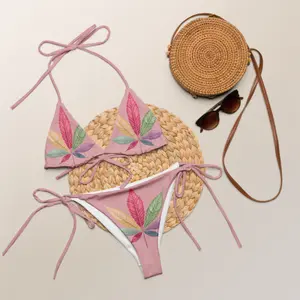 Purple Leaf Print Bikini Set – Fuchsia Two Piece Swimsuit, Cute 420 Vibes Swimwear, Triangle Top Bathing Suit for Women, Festival & Vacation Baddie Outfit, Swimwear 2025