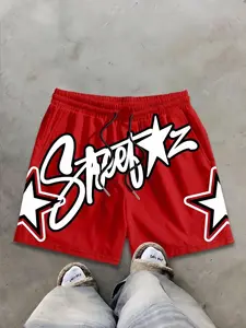 Vintage Streetz Graffiti Star Print Red Drawstring Adjustable Shorts Streetwear Y2K Summer Casual Board Shorts