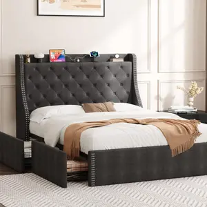 Gaomon Full Gray Upholstered Bed Frame - Wingback Headboard with Charging Station, 4 Storage Drawers, Diamond Stitched Button Tufted Design, No Box Spring Required