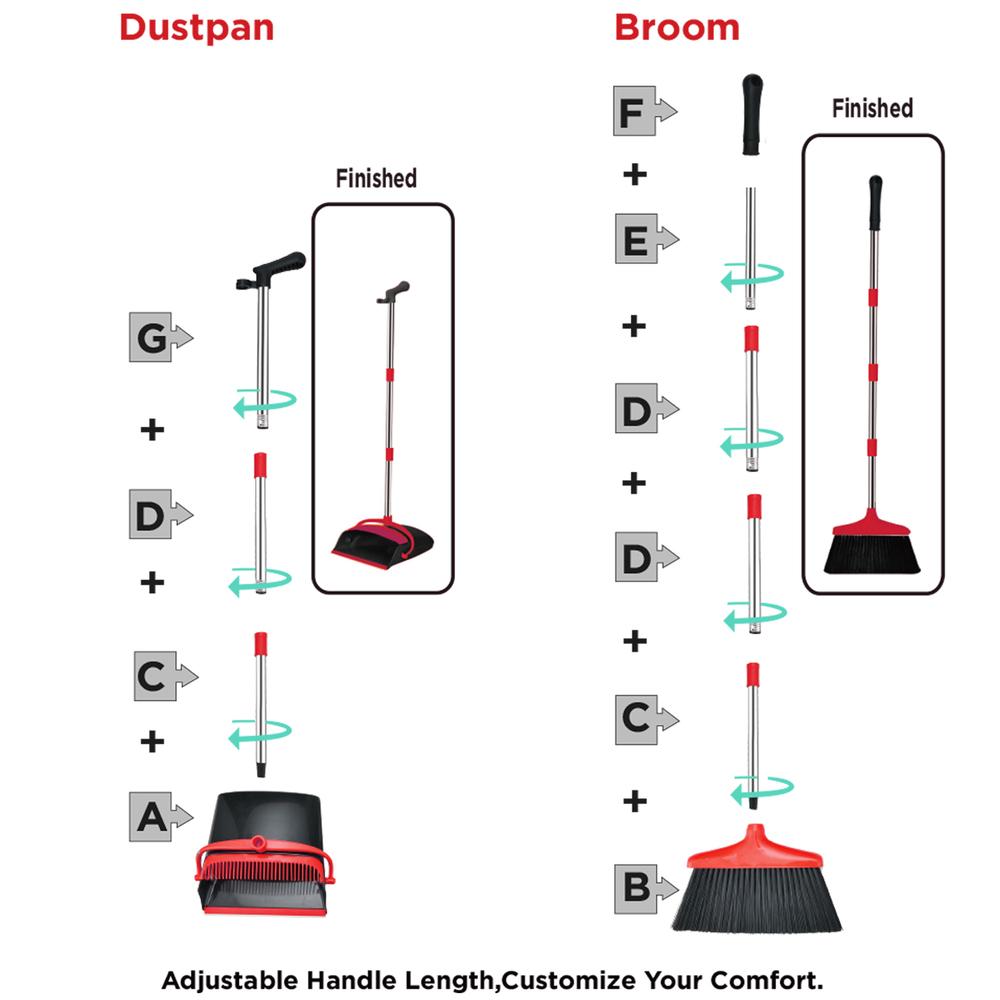 Black & Red Broom and Dustpan Set, Smooth Anti-Scratch Bristles, Hardwood Tile-Friendly, Durable Handle for Indoor Bedroom & Garage Floor Tidying