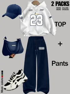 Women's Casual Loose Two-Piece Set with Hooded Sweatshirt and Printed Pants, Ideal Fall and Winter, Trendy Letter Print Style