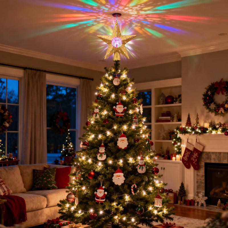Golden Rotating Christmas Tree Topper with RGB LED Lights, 360° Spinning Diamond & Projection, Festive Tree Decoration with Power, Christmas Tree Topper with Lights, Christmas Decorations for Home Indoor, Candyland Christmas Tree Decorations