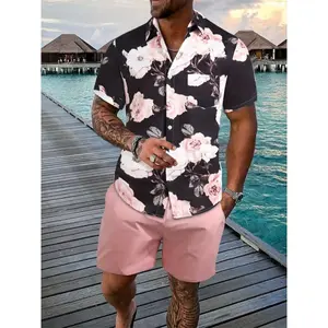 Gamis 2Pcs Men's Summer Short Sleeve Button Up Shirt and Shorts Set - Beautiful Flower Print Lightweight & Breathable Fabric, Ideal for Casual Outfits