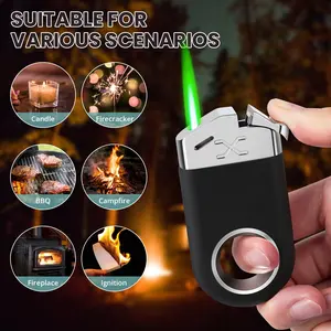 Windproof Green Flame Lighter with 360° Inverted Ignition & Refillable Gas System - Ring Lighter, Rotary Decompression Mechanism, Flame Size Adjustment (No Butane Fuel Included) - Outdoor Survival, Camping, Essential for