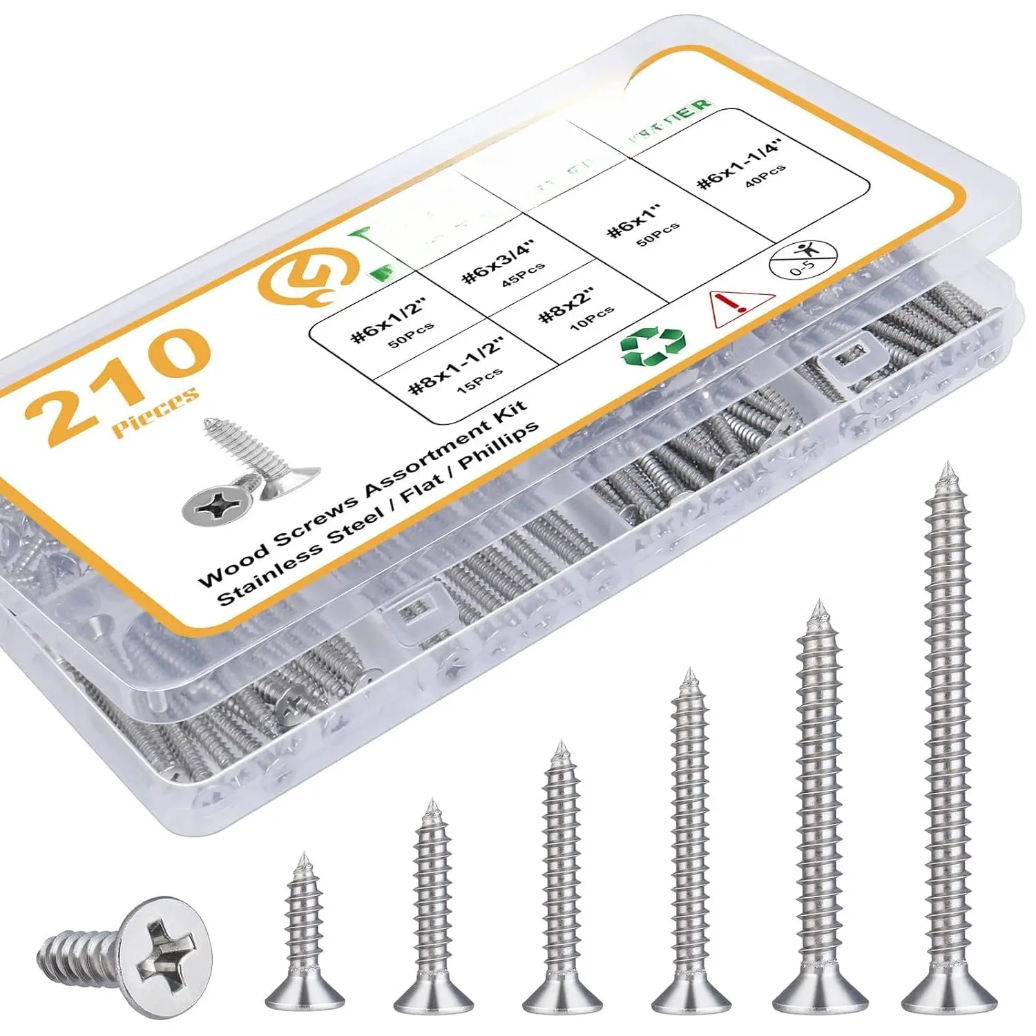 210 count  Screws Assortment Kit, 304 Stainless Steel Screws, Phillips Drive,  Screws, Screws, Screw Set, Assorted Screws, Screws Assortment Kit, 6 Sizes (2,1-1/2,1-1/4,1,3/4,1/2)