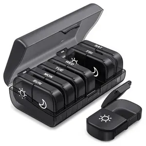 Weekly Pill Organizer 2 Times a Day, Pill Box 7 Day with One-Side Large Openings for Easy to Use, Black Privacy Protection AM PM Pill Case for Medication, Vitamins, Fish Oils, Supplements