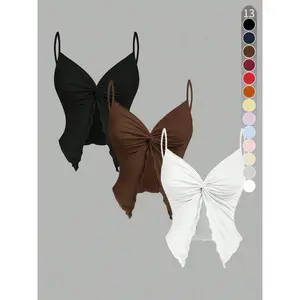 Women's solid color twisted front open top crop top, casual slim fit sleeveless spaghetti strap vest, suitable for daily wear, all season women's clothingRAIMENTRY