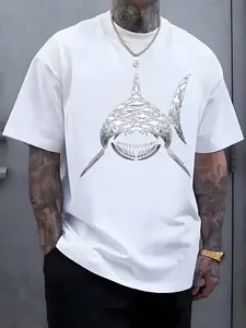 Men's Shark Fin Marine Print Short Sleeve T-Shirt - Shark & Fish Casual Summer Beachwear, Round Neck Machine-Washable Top for Fishing, Boating, and Outdoor Activities (Regular Fit)