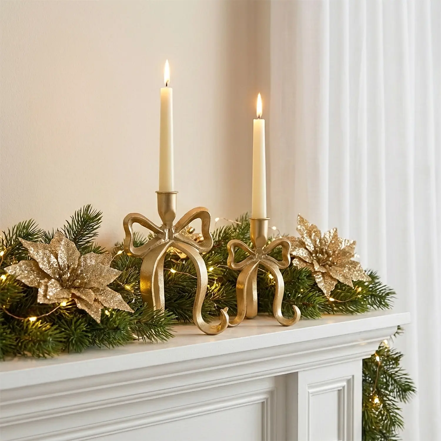 Vintage Gold Bow Taper Candle Holders – 2PCS Cast Iron Elegant Decor for Mantel Dining Table Wedding Styling Cherry Bag Teen Room Pendant Dice Islamic Wall Set Day Generational Drip Candle Plate Suncatcher Ornament Barro Center Pieces Outdoor