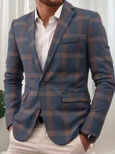 Men's Plaid Print Button Front Lapel Pocket Blazer Jacket, Casual Long Sleeve Suit Top for Business and Formal Occasions, Fall & Winter Fashion