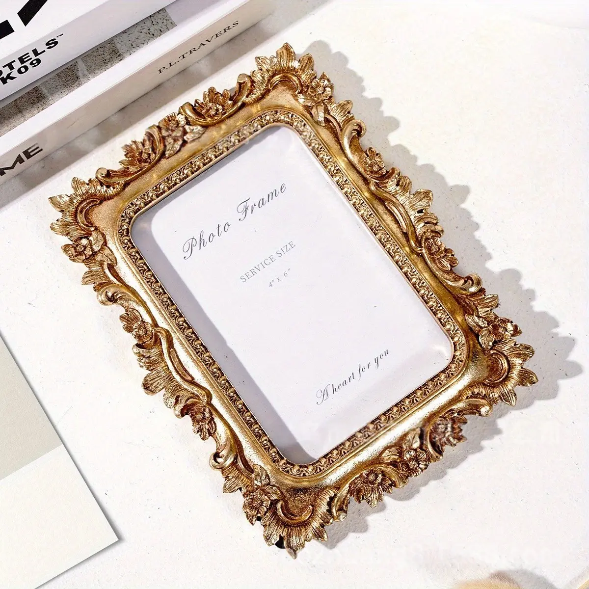 6inch New Simple Three-Dimensional Goldfish Sunflower Pattern Decorative Vintage Square Photo Frame Picture Frame Horizontal and Vertical Dual-Use Ornament Home Decor Ornament