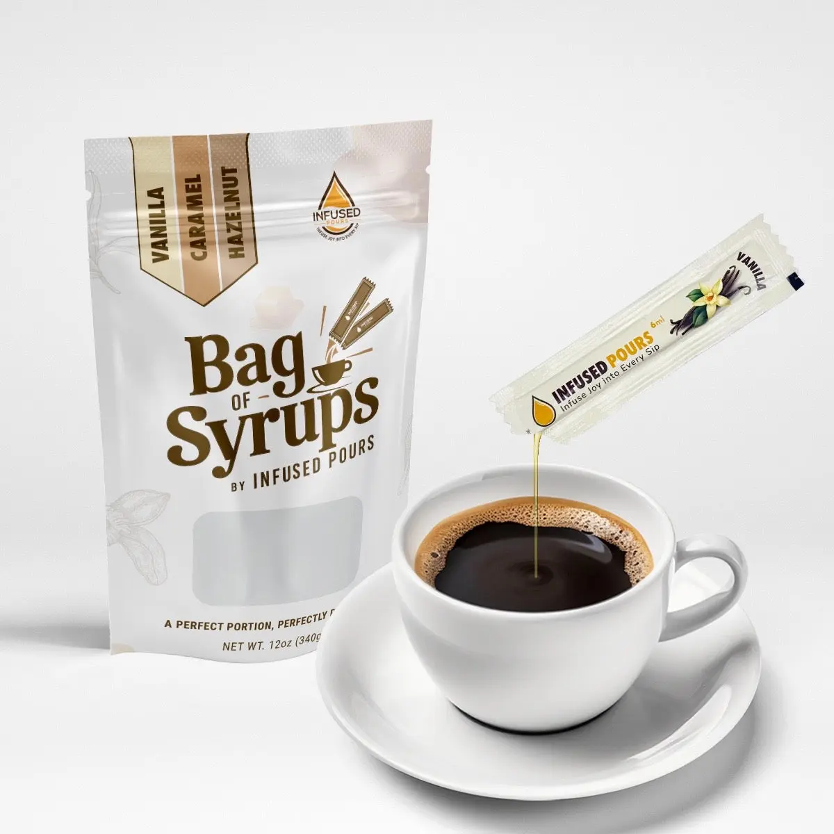 Single Serving Syrup Packets, Variety Pack, for Coffee and Cocktails - Flavors (10 Each): Vanilla, Caramel, Hazelnut - 6mL Each, 30 Count - Bag of Syrups by Infused Pours