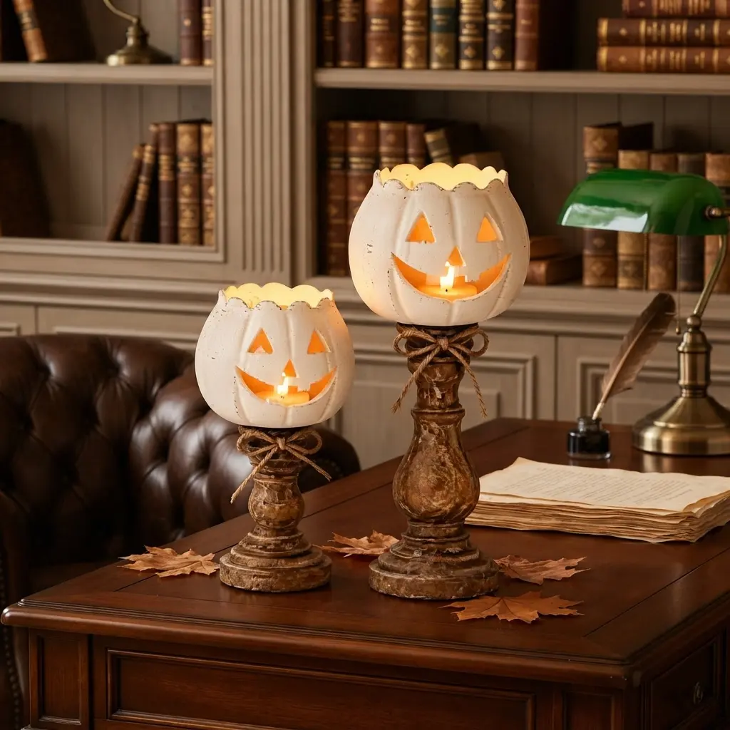 White Ceramic Lantern Candle Holders, Vintage Distressed Wooden Pillar Stands with Cute Smiling Pumpkin Design, Spooky Fall Harvest & Halloween Tabletop Decor Centerpiece, Autumn Home Indoor Ornament