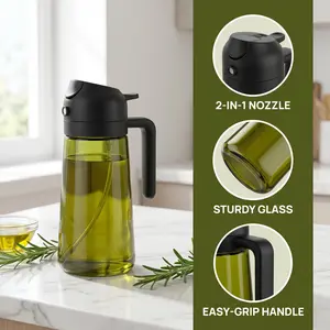 Dual Action Oil Sprayer Dispenser, 2 in 1, 470ml Green Glass Oil Bottle with Fine Mist Spray & Stream Pour, Easy Grip, Wide Mouth, Healthy Cooking Tool for Keto, Meal Prep, Baking-YY0