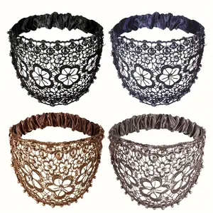 4-Pack Boho Lace Headbands With Faux Pearls, Wide Hollow Hair Wraps, Vintage Stretch Hair Accessories For Women Beaded Boho Lace Design