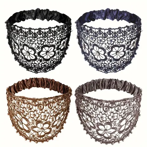 4-Pack Boho Lace Headbands With Faux Pearls, Wide Hollow Hair Wraps, Vintage Stretch Hair Accessories For Women Beaded Boho Lace Design