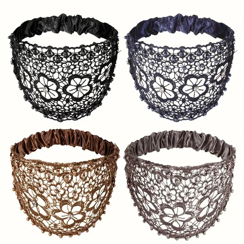 4-Pack Boho Lace Headbands With Faux Pearls, Wide Hollow Hair Wraps, Vintage Stretch Hair Accessories For Women Beaded Boho Lace Design
