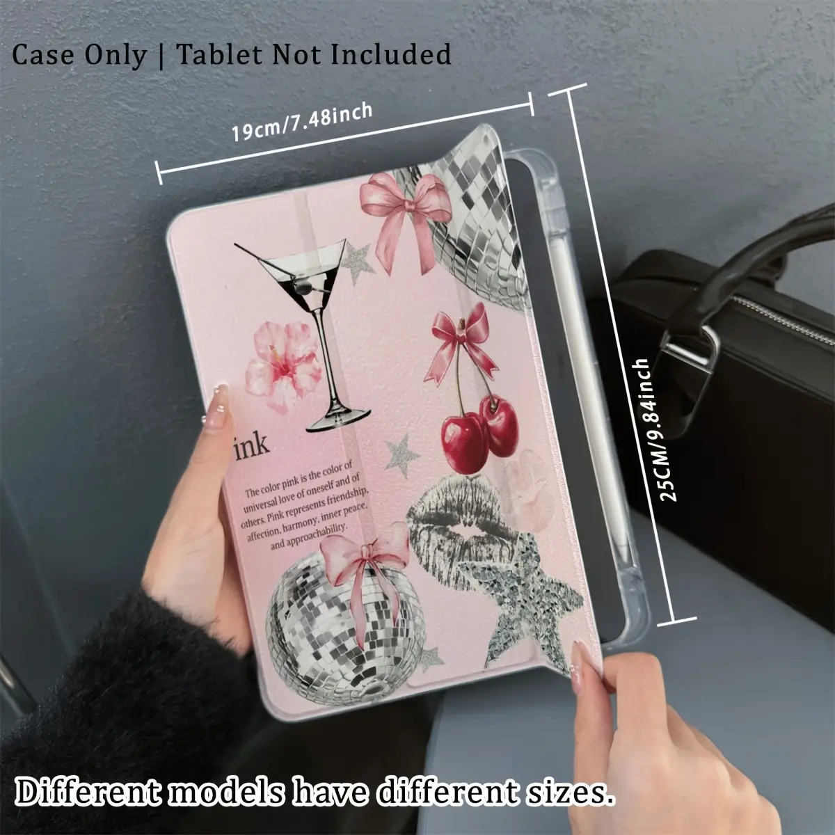 Pink-toned retro disco style with sweet and cool elements collage pattern, featuring an adjustable stand and pen slot. This foldable, non-slip TPU protective case is suitable for Samsung, iPad mini, iPad Air, iPad Pro/iPad 10th generation, 11th generation