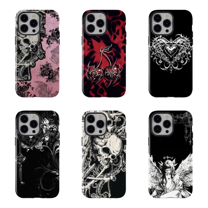 Edgy Dark Gothic Thorn Skull Rubber Protective Smartphone Case - Polycarbonate-TPU Glossy Punk Rose Heart Shockproof Custom Casing, Mysterious Dark Aesthetic Unisex Accessory, Wireless-Friendly Gift for iPhone 11-17 ProMax Plus & Universal Devices, Digita