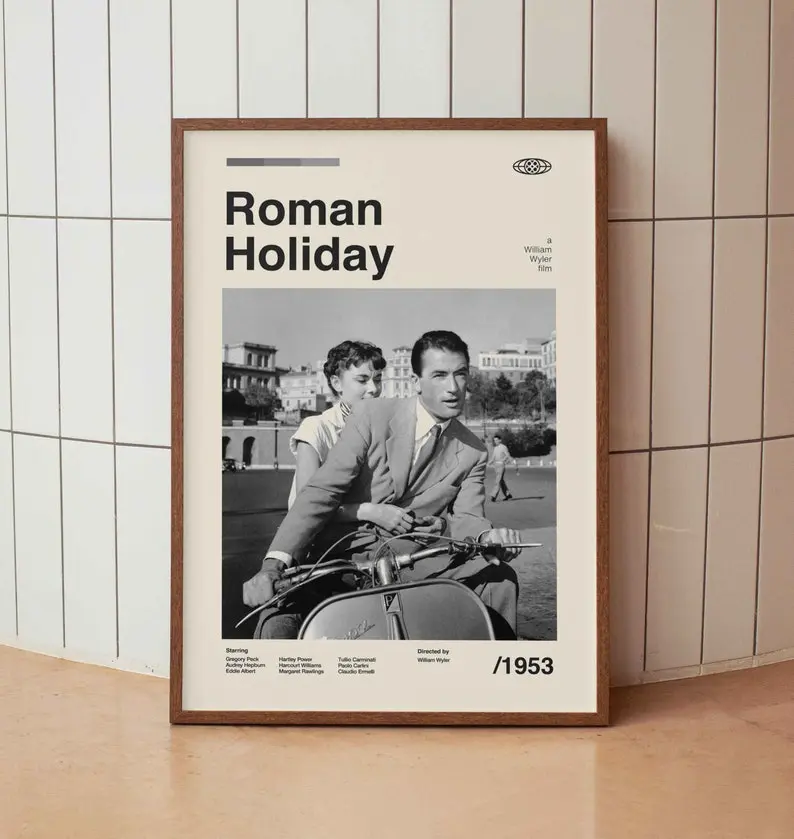 Roman Holiday 1953 Vintage Movie Poster - Gregory Peck Audrey Hepburn- Minimalist Midcentury Wall Art Print