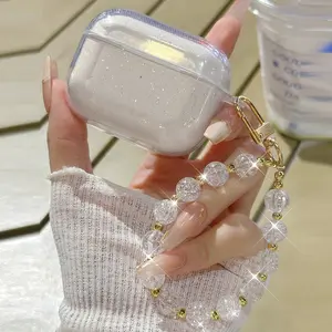 Glitter Rhinestone Decor Earphone Case with Beaded Chain, Earphone Protective Case, Decorative Earphone Protector Cover Aesthetic Compatible with AirPods Pro 2 3