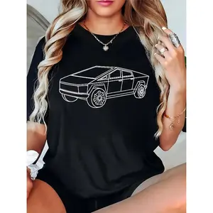 Women’s Black T-Shirt with White Tesla Cybertruck Line Art | Casual Daily Wear, Comfortable Cotton Tee for Car Enthusiasts & Streetwear Lovers