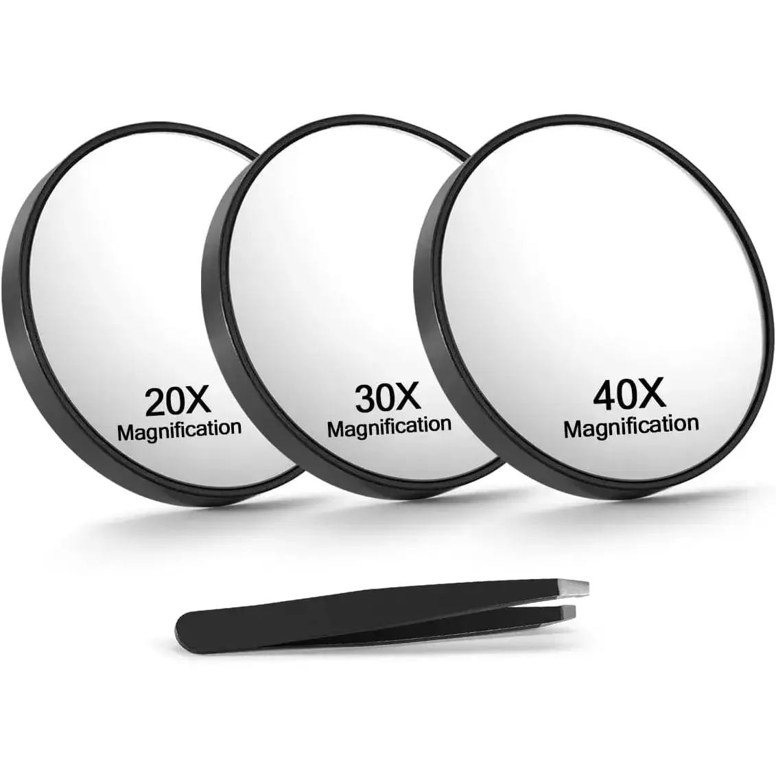 3-Piece Magnifying Makeup Mirror Set, Round 3.5-Inch Compact Mirrors with 5X, 10X & 20X Magnified Lenses, Travel Size with Tweezers & Suction Cups, Handheld Mirror, Portable Vanity