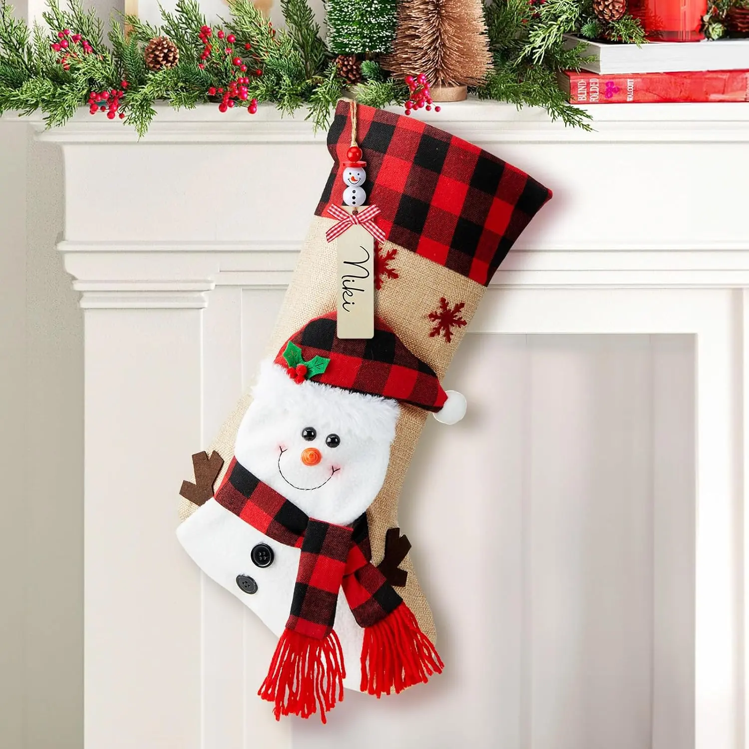 Christmas Stockings with Personalized Name Tag, 18" Christmas Stocking Snowman Burlap Plaid Xmas Stocking Holiday Christmas Decoration Gifts for Family Kids