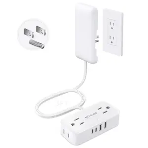 TROND 3FT Flat Extension Cord with Ultra-Thin Outlet Cover, Flat Wall Plug Power Strip with 4 AC 4 USB Ports, Hidden Outlet Extender for Tight Spaces, 10A/1250W, 900J Surge Protection, White