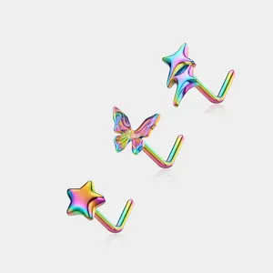 Oufer Titanium Vibrant ColorsStar Butterfly 20G 3PCS L Shape Nose Studs Rainbow Design Piercing Jewelry for Women