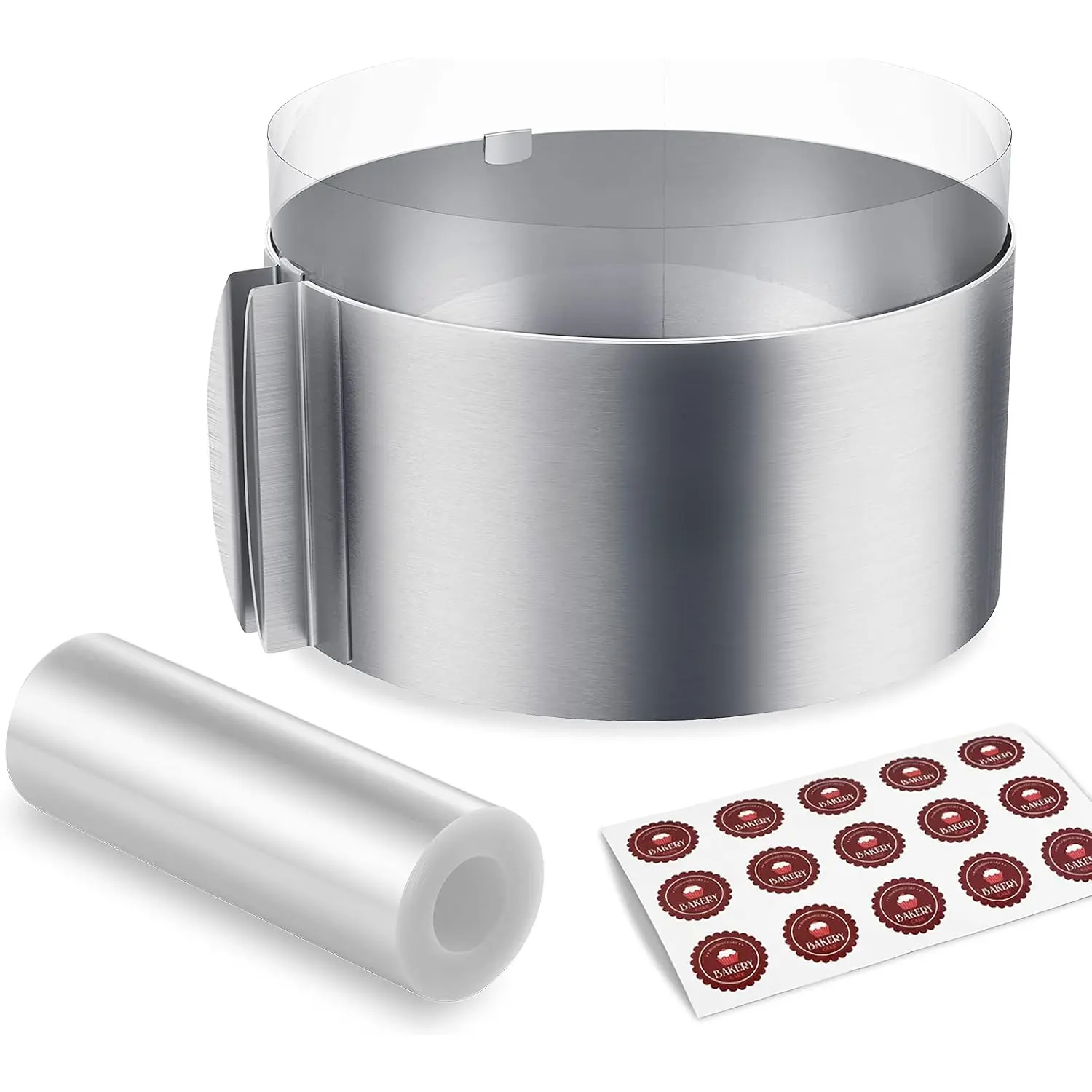 Cake Ring and Cake Collar Set, 6 to 12 Inch Adjustable Cake Mousse Mould Set with 6inch Clear Cake Roll, Stainless Steel Pastry Ring, Mousse Ring, Ring Mold for Baking