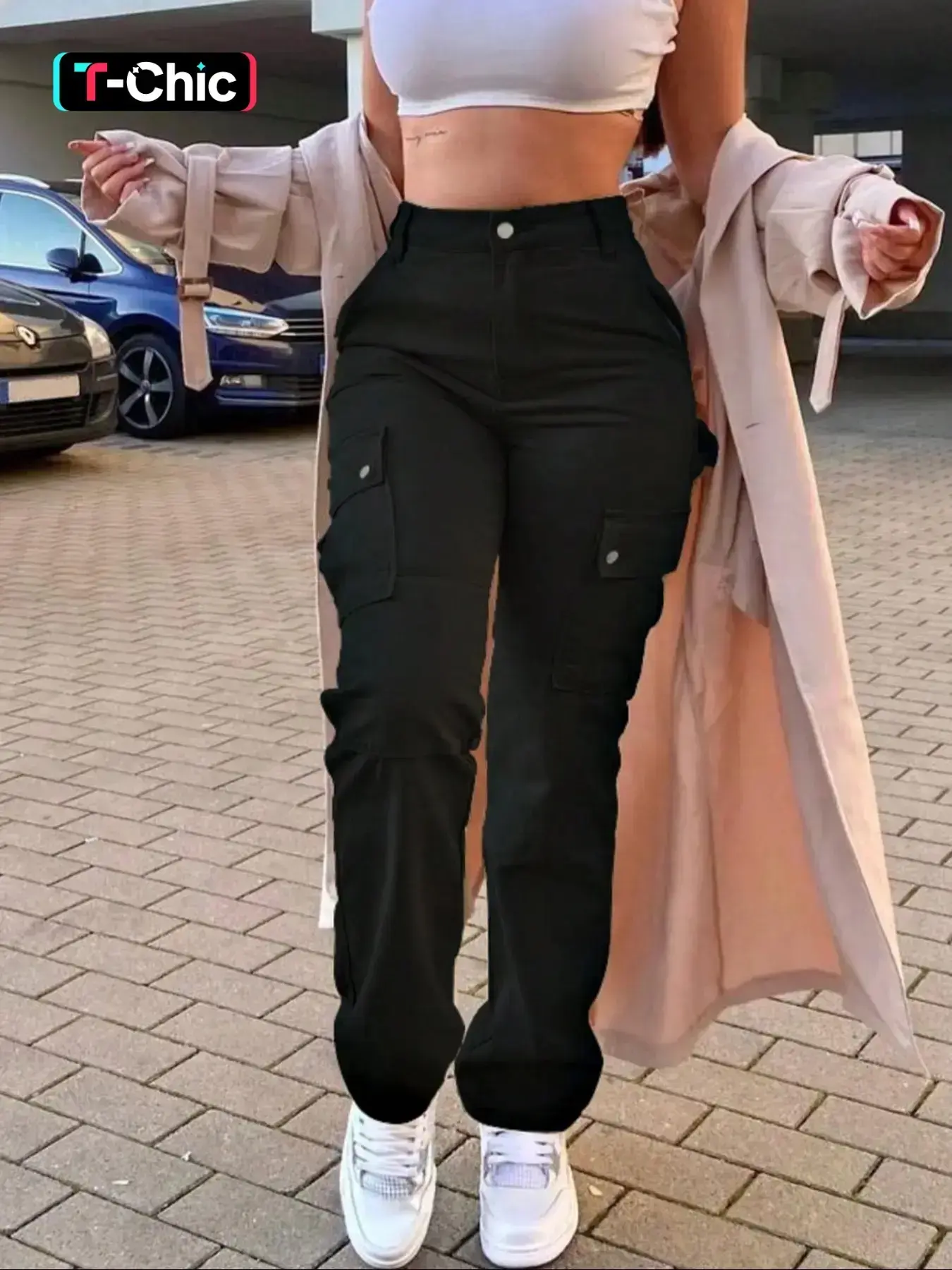 Women's Button-Fly Cargo Pants Fit with Pockets, Basic Casual Streetwear Solid Color Trousers for Daily Wear, Chic All-Season Bottoms