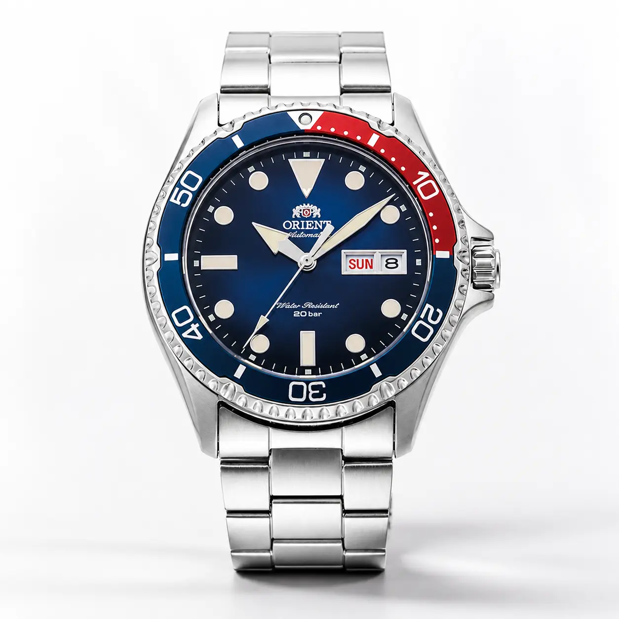 Men's Mechanical Stainless Steel Wrist Watch - Blue Gradient Dial, Red Bezel, 80bar resist., Luminescent Face, Luminous Display, Bold Colors