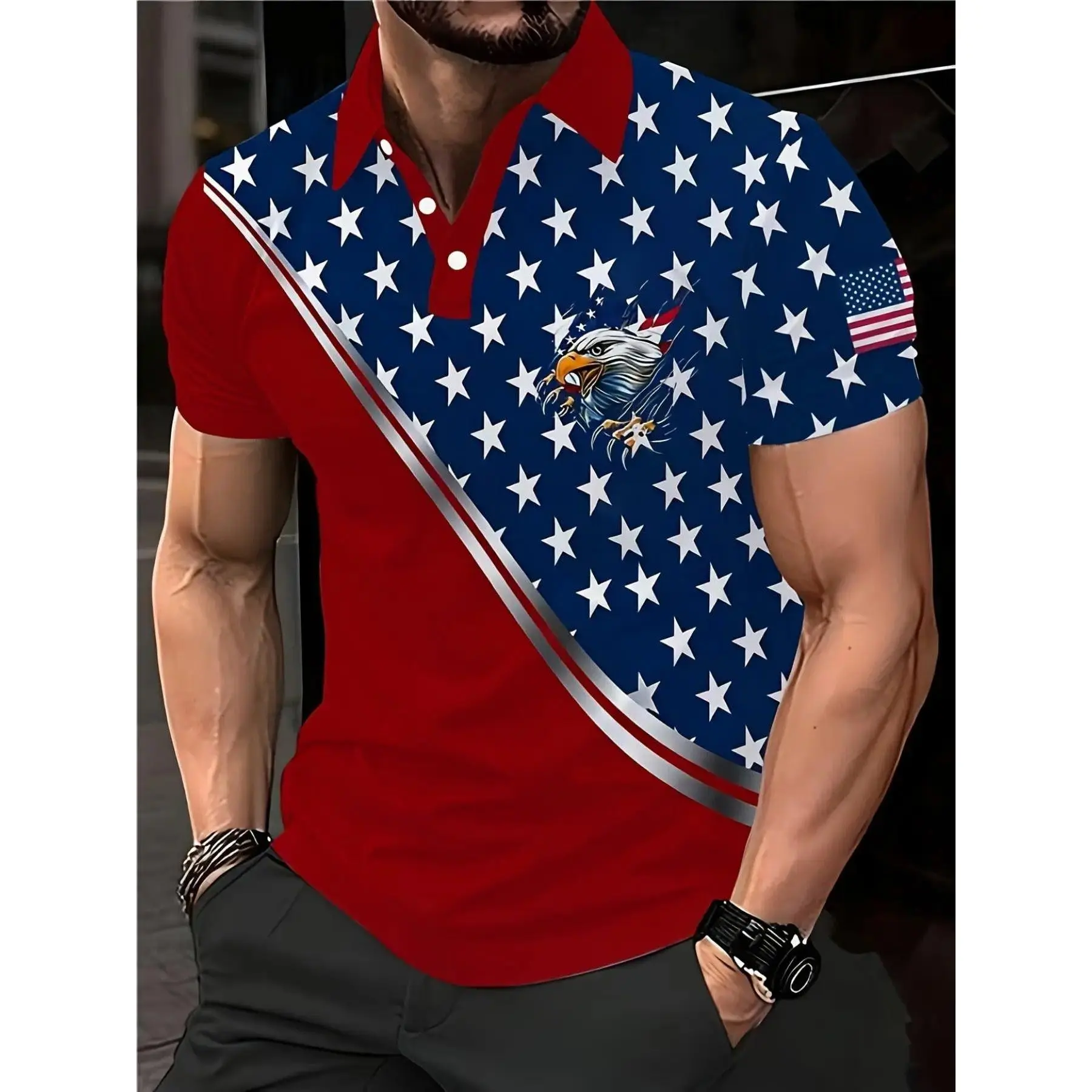 Men's New Independence Day Polo Shirt, Blue Color Block Bald Eagle Star Flag Pattern, Outdoor Casual Hardened Style Top