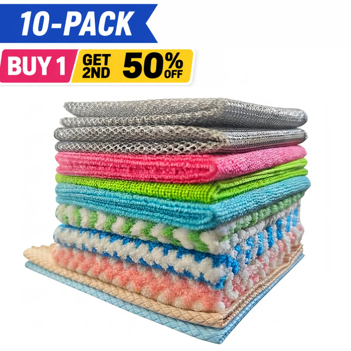Microfiber Cleaning Cloths 10-Pack Pouch, Multi-Purpose Absorbent Non-Scratch Reusable Home Cleaning Cloths, 4 Textures for Kitchen, Glass & Mirrors, Daily Care