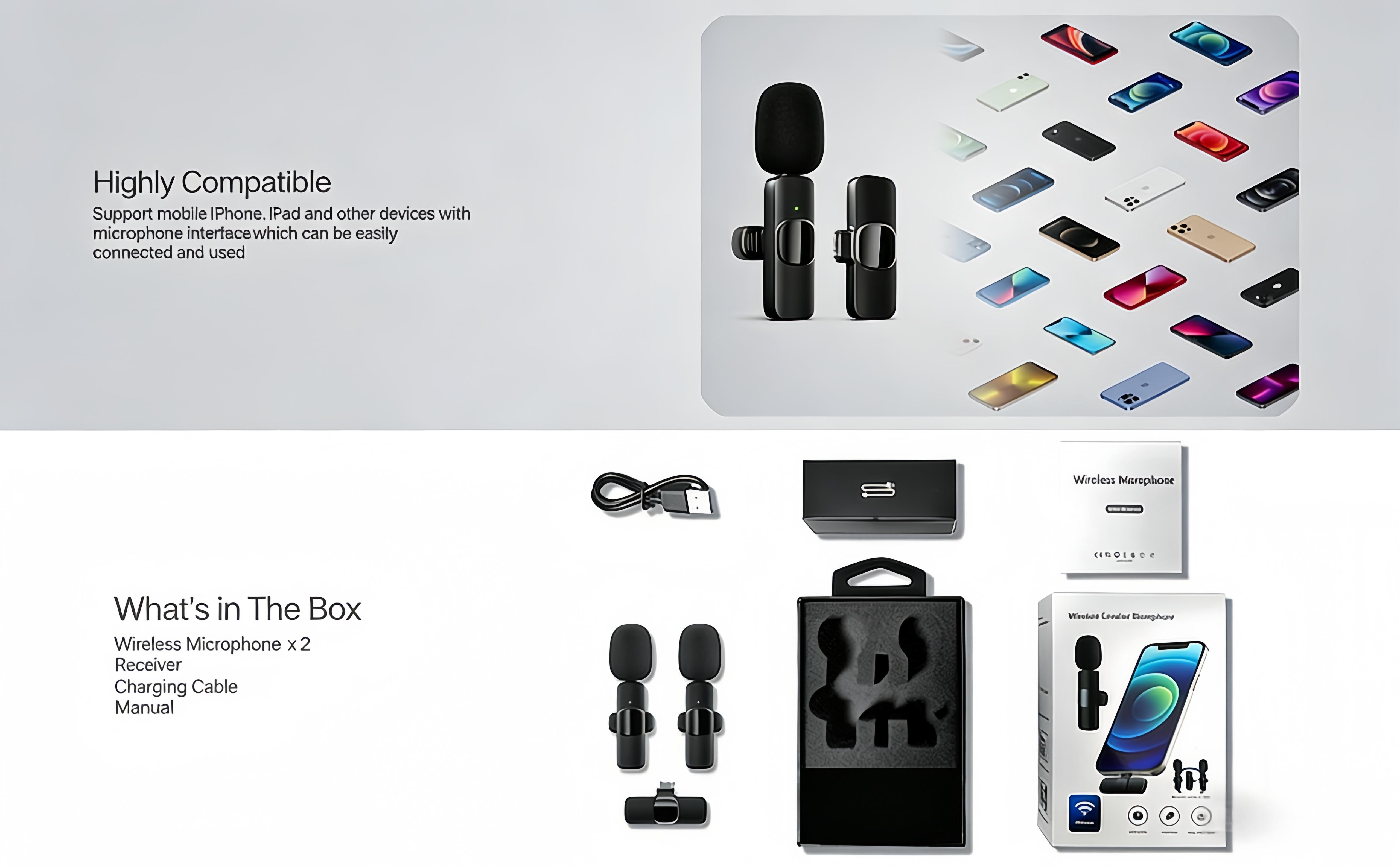 Wireless Microphone for iPhone iPad Android Phone 2 Pack Lavalier Lapel Mic with Noise Reduction Plug Play Mini Microphone for Video Recording Interview Podcast YouTube TikTok Vlog Audio Smartphone