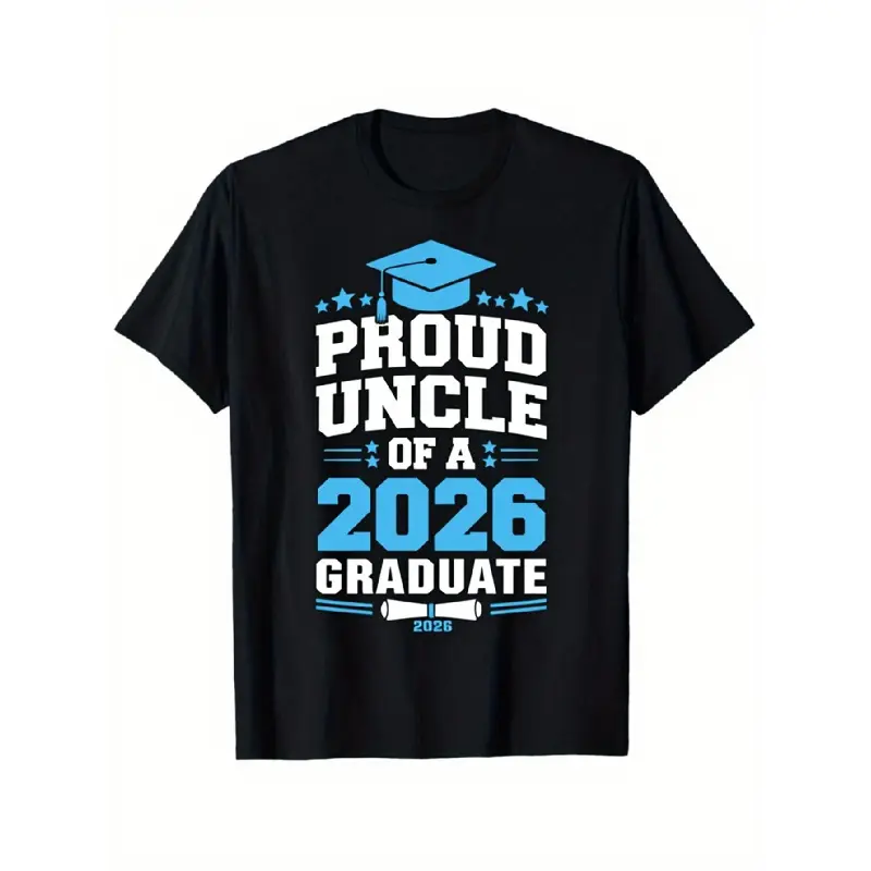 Men's 2026 Graduate Uncle Gift Oversized Graphic T-Shirt - Vintage Casual Short-Sleeve Round Neck Menswear Top, Black with Blue Lettering & Diploma Design, Ideal for Graduation Parties, All-Season Wear