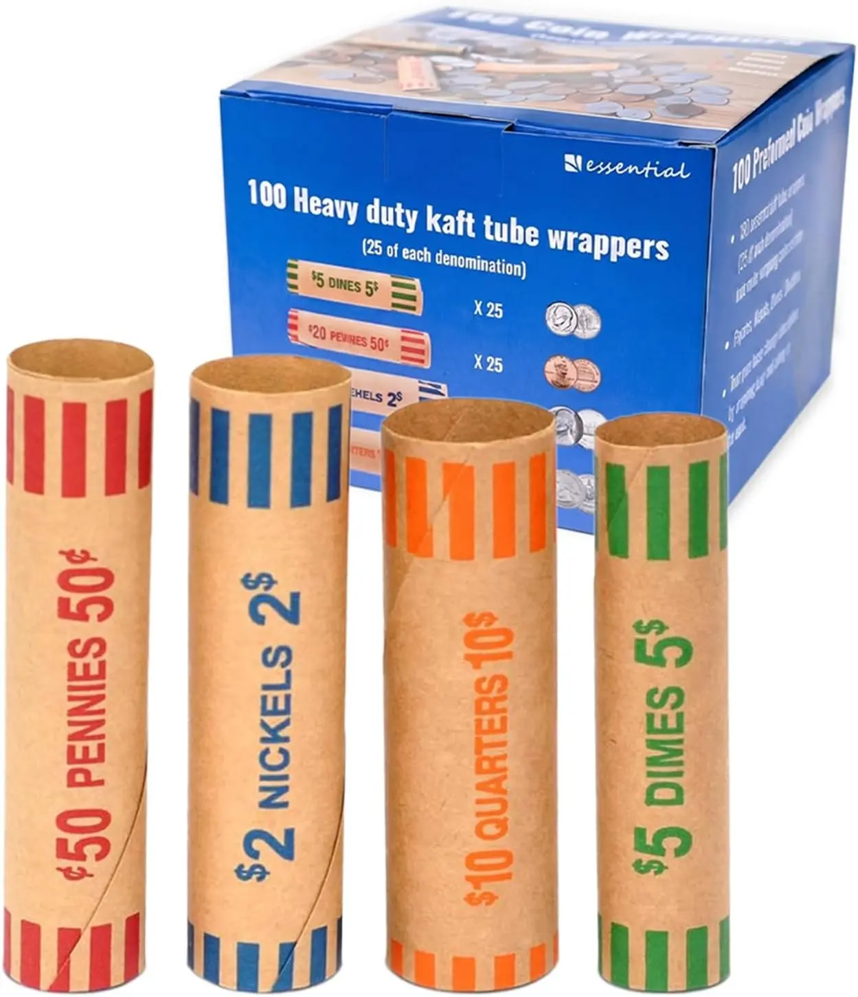 ESSENTIAL 100 Pcs Assorted Heavy Duty Preformed Coin Wrappers Rolls | Quarters, Pennies, Nickels and Dimes, Standard Size for Banks, Stores & Offices (Total 100 Pcs)