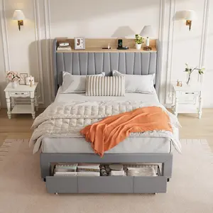 Garvee Upholstered Platform Bed Frame with Storage Headboard Charging Station & Drawers Queen Size Heavy Duty No Box Spring Needed Light Gray Grey Beige