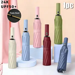 Reinforced Windproof Automatic Folding Umbrella, UPF50+ Black Glue UV Protection Sun & Rainproof Umbrella, Large Canopy Auto Umbrella for Commute & Outdoor