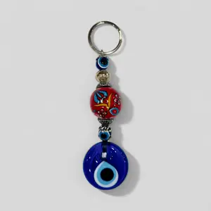Evil Eye Nazar Boncuk Mal De Ojo Keychain with Hand Painted Ceramic Ball - Red Floral Tulip