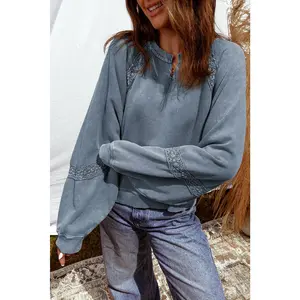 Mineral Wash Lace Patch V Neck Sweatshirt