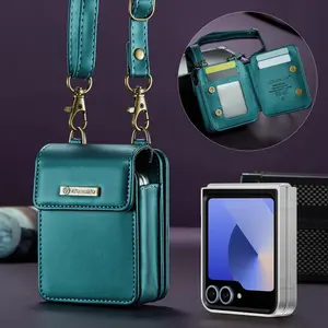 Me50 Mini Universal Case for Samsung Zflip, Motorola Fold Phones, 5 Card Slots + Flip Cover, Rfid Shielded Leather Strap
