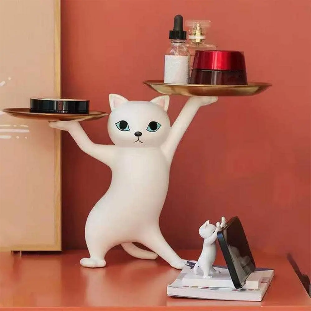 Resin Cat Decorative Tray, Dancing Fun Cat Statue, Resin Animal Figurines, Resin Animal Sculptures, Home Bedroom Office Desk Decoration, Unique Room and Home Accessories Ornaments