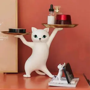 Resin Cat Decorative Tray, Dancing Fun Cat Statue, Home Bedroom Office Desk Decoration, Unique Room and Home Accessories