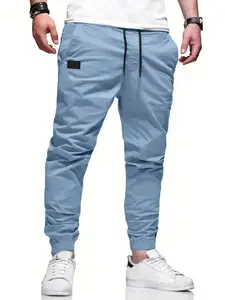 Men's Patched Jogger Pants - Loose Fit Casual Trousers with Drawstring Waist |                           Beige All-Season Bottoms |                           Fashion Streetwear Style