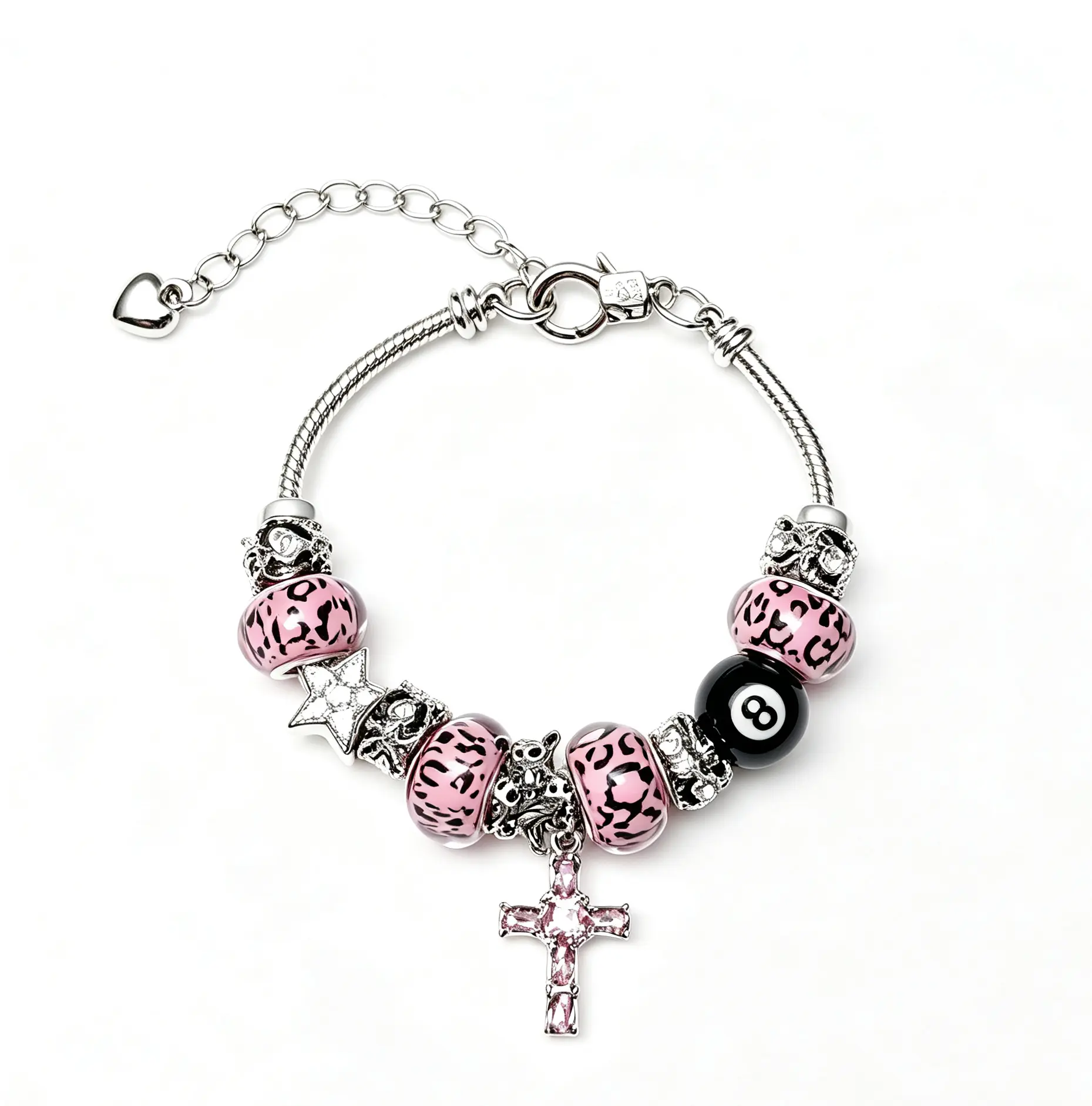 Pink Leopard Print Beaded Charm Bracelet, Black 8 Ball & Pink Crystal Cross Dangle Snake Chain Bracelet