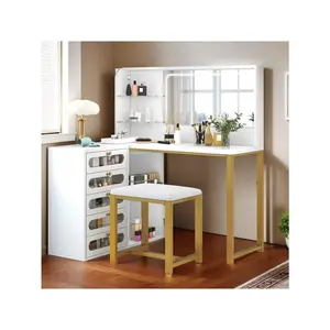 Vanity Desk Set Makeup Vanity With Mirror And Lights 3 Lighting Modes, With 5 Tempered Glass Drawers L Shape Makeup Table Stool Included Vanity Desk Set With Stool, For Women Girls