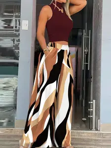 Women's Casual Cropped Knit Sweater Set, Wave Pattern, Half High Neck and Wide Leg Pants, Perfect for Vacation