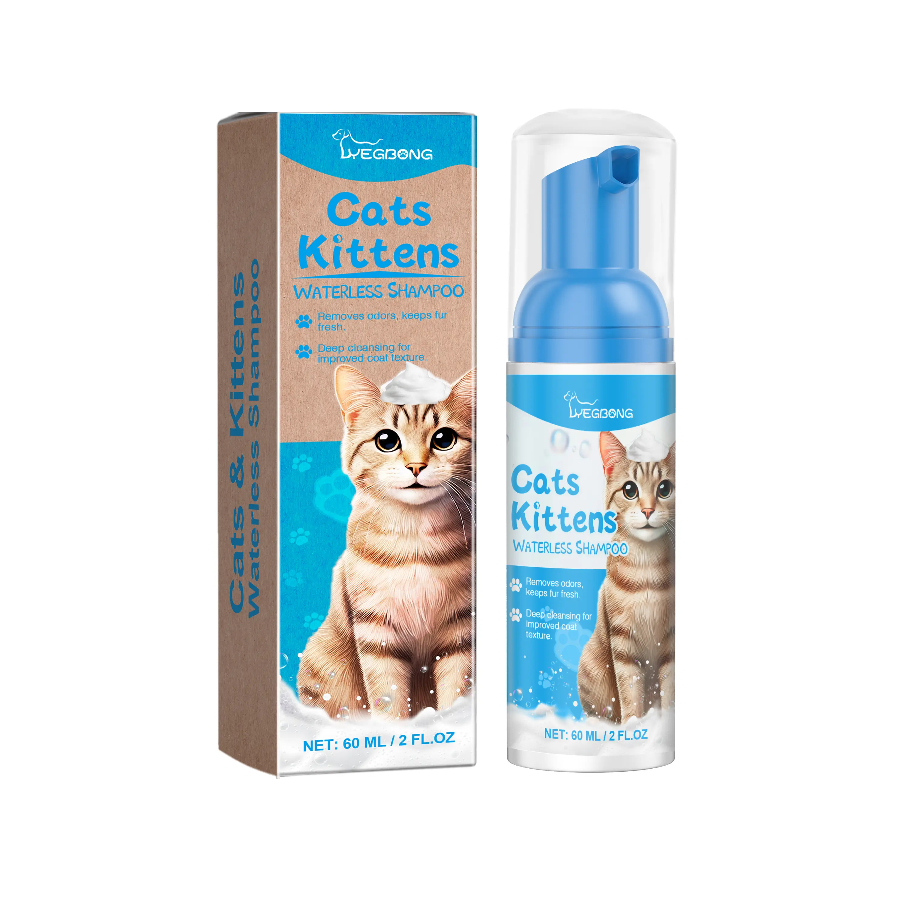 Yegbong Cat & Kitten Waterless Shampoo Grooming Mousse - 60 ml/2 fl oz, Sodium Cocamidopropylamine, Gentle Non-Irritating Sensitive Skin Formula, Travel & Daily Cleaning Bath Alternative, Odour Control, Coat Texture Boost, Skin Hydration, Moisture Lock